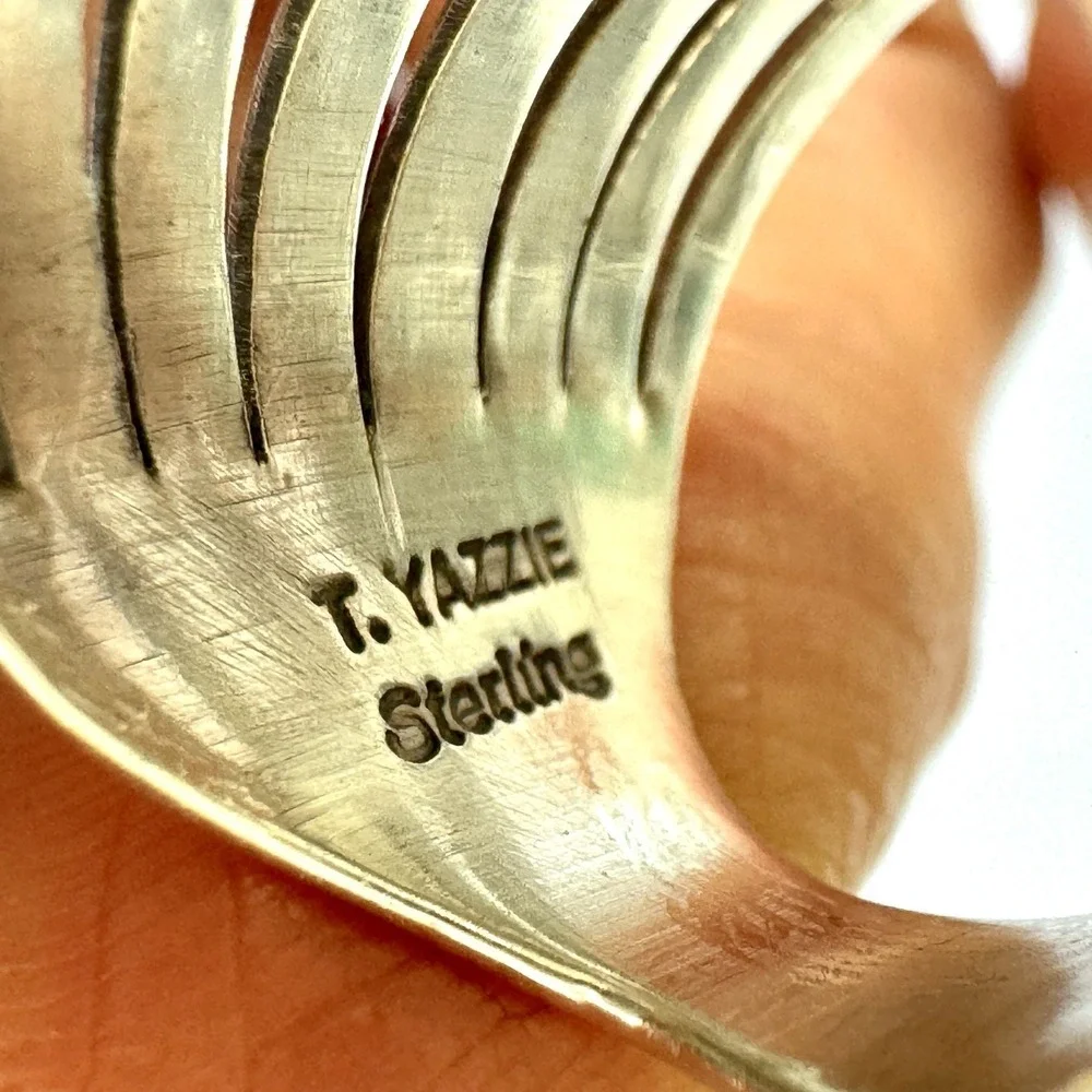 Long Navajo Ring Sz 9 Signed Yazzie Turquoise Sterling Native American 5 Stone